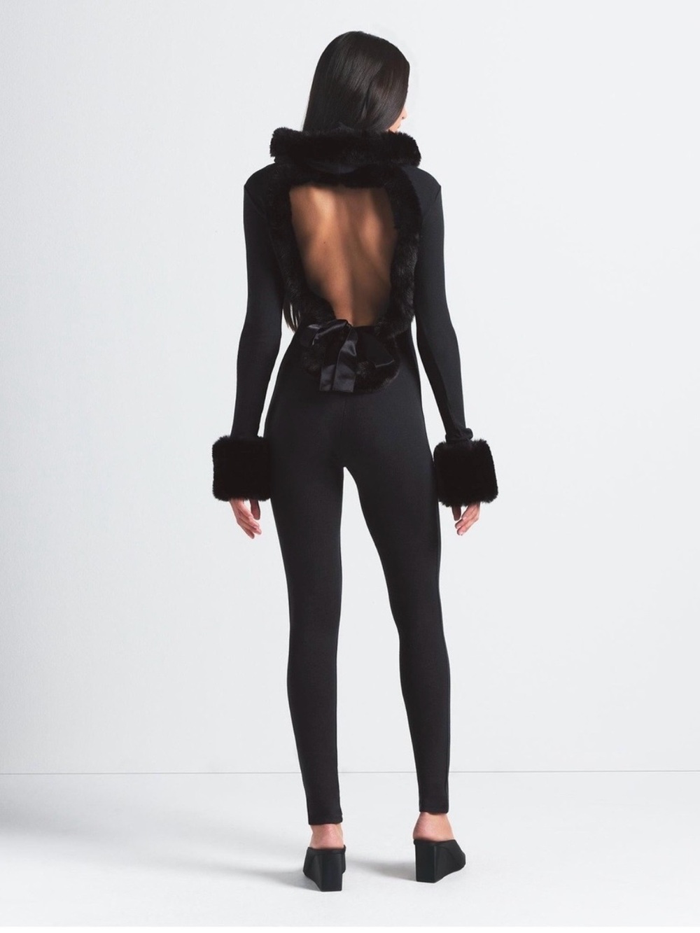 SKIMS Black Hooded Cloud Jumpsuit with Faux-Fur Trim and Satin Waist Tie - Picture 1 of 5